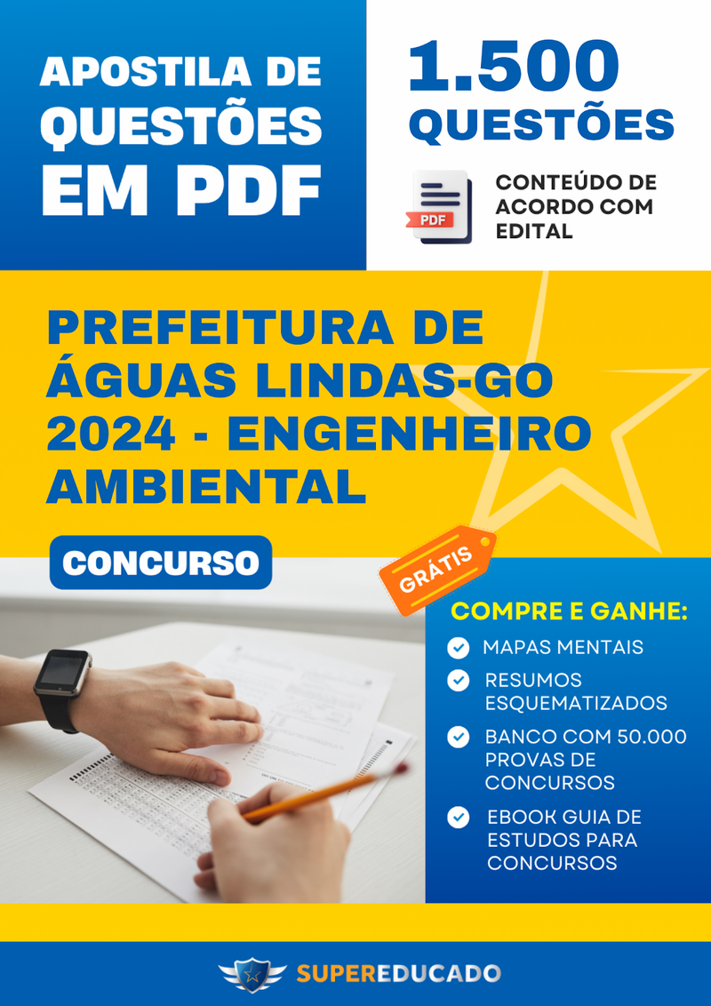 Apostila de Questões para Concurso da Prefeitura de Águas Lindas-GO 2024 - Engenheiro Ambiental - 1.500 Questões