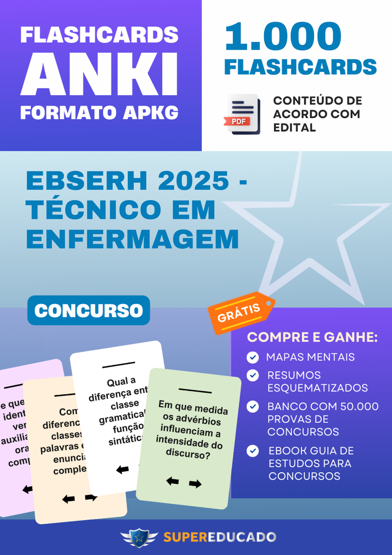 Flashcards para Concurso EBSERH 2025 - Técnico em Enfermagem - 1.000 Anki Flashcards