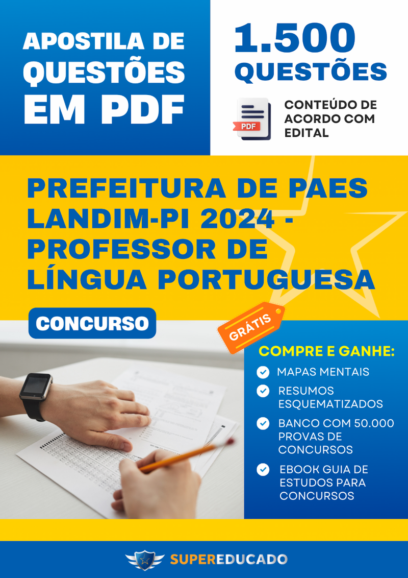 Apostila de Questões para Concurso da Prefeitura de Paes Landim-PI 2024 - Professor de Língua Portuguesa - 1.500 Questões