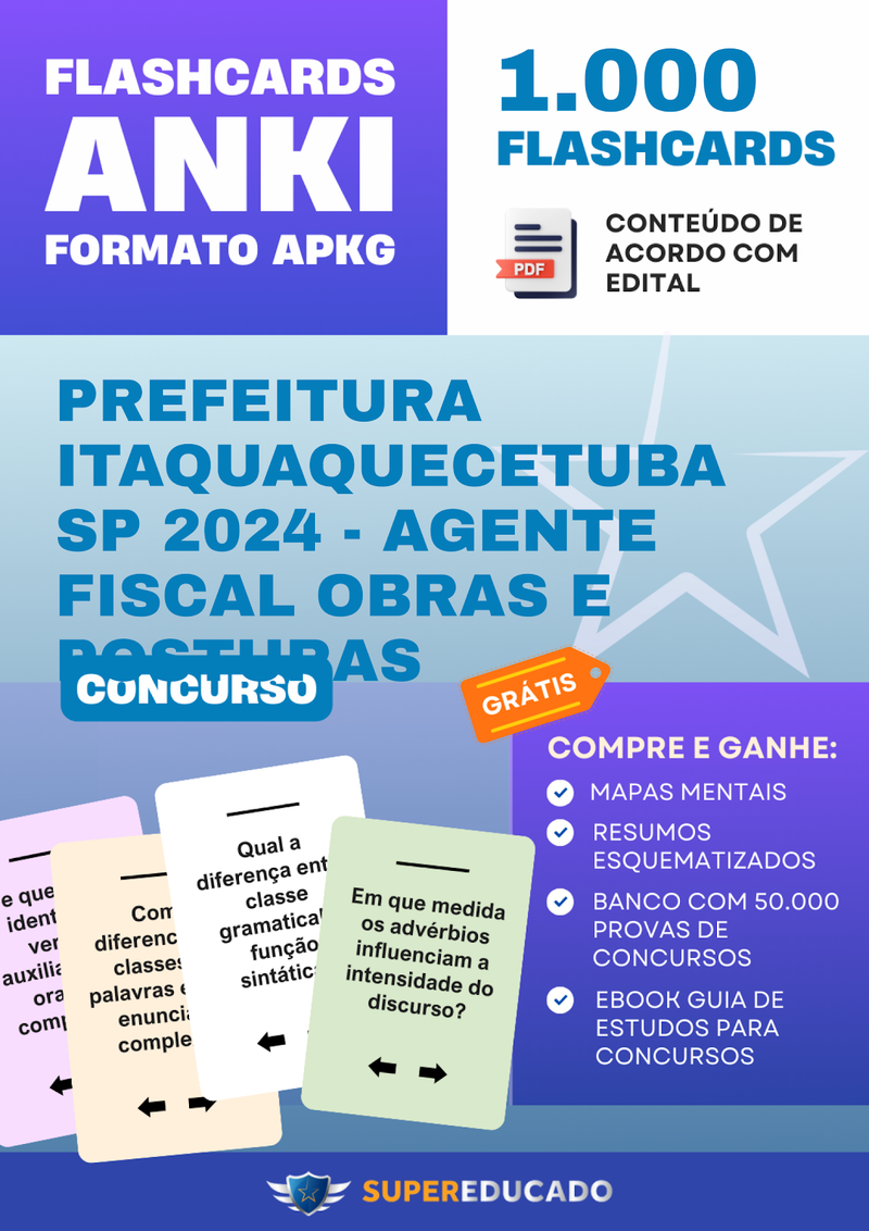 Flashcards para Concurso da Prefeitura Itaquaquecetuba SP 2024 - Agente Fiscal Obras e Posturas - 1.000 Anki Flashcards