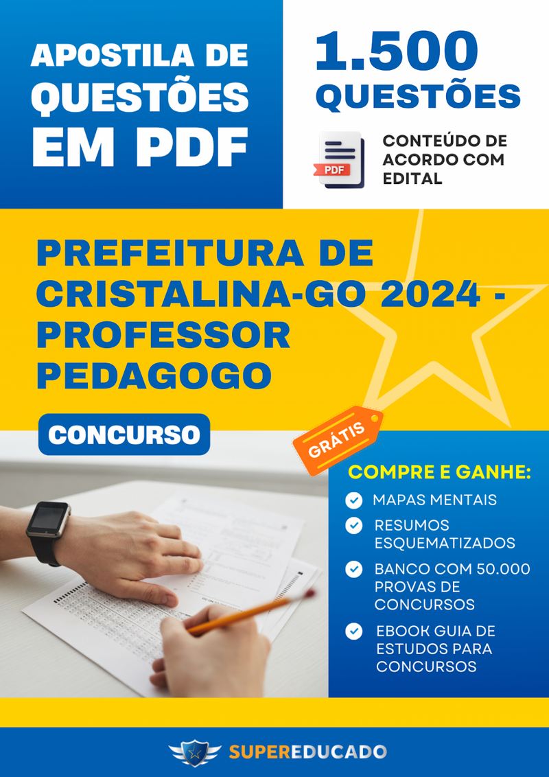 Apostila de Questões para Concurso da Prefeitura de Cristalina-GO 2024 - Professor Pedagogo - 1.500 Questões