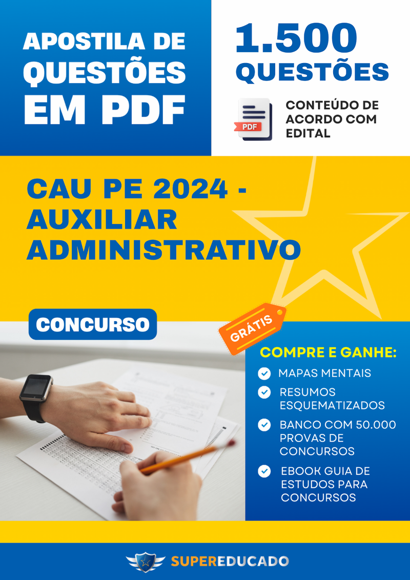 Apostila de Questões para Concurso CAU PE 2024 - Auxiliar Administrativo - 1.500 Questões