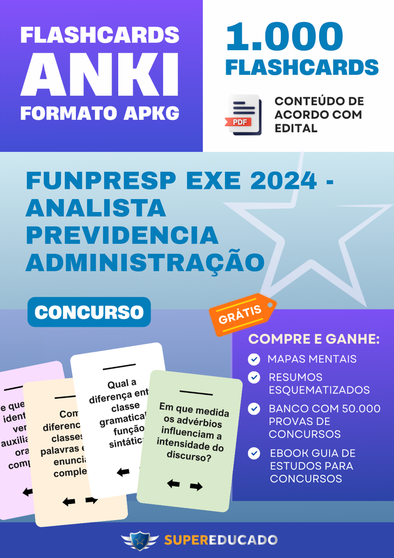 Flashcards para Concurso Funpresp Exe 2024 - Analista Previdencia Administração - 1.000 Anki Flashcards