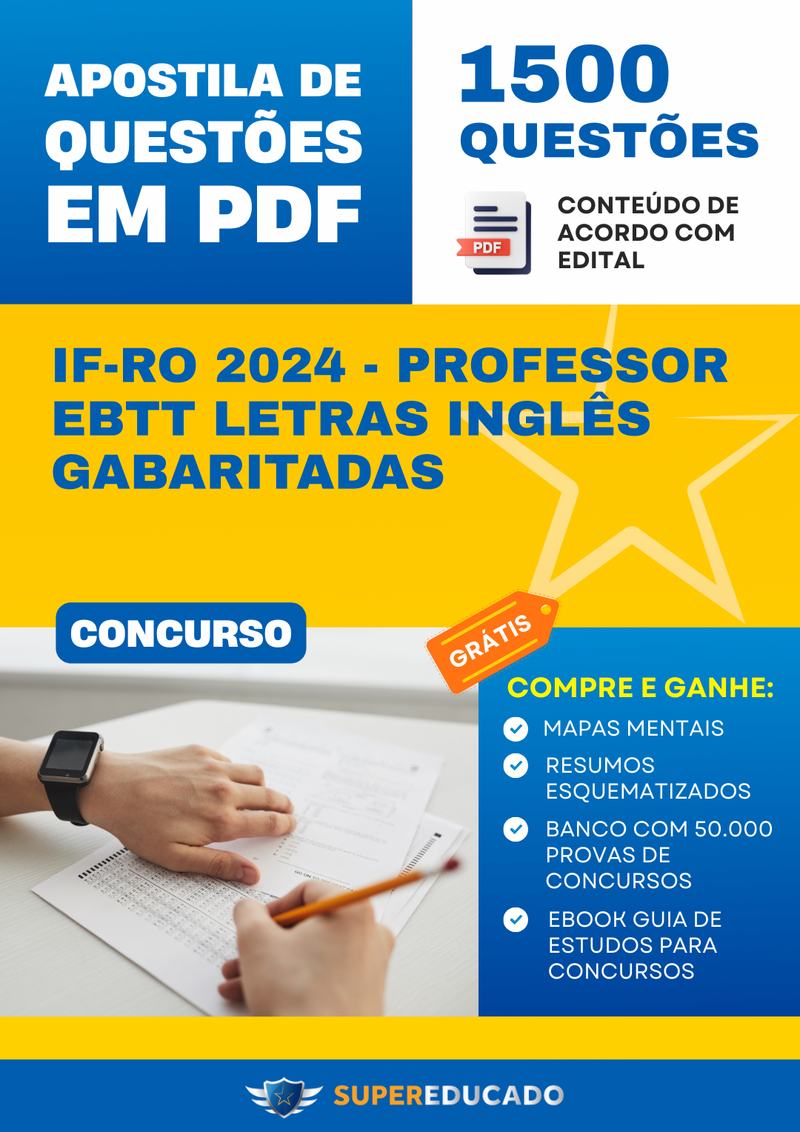 Apostila de Questões para Concurso IF-RO 2024 - Professor EBTT Letras Inglês - 1.500 Questões Gabaritadas