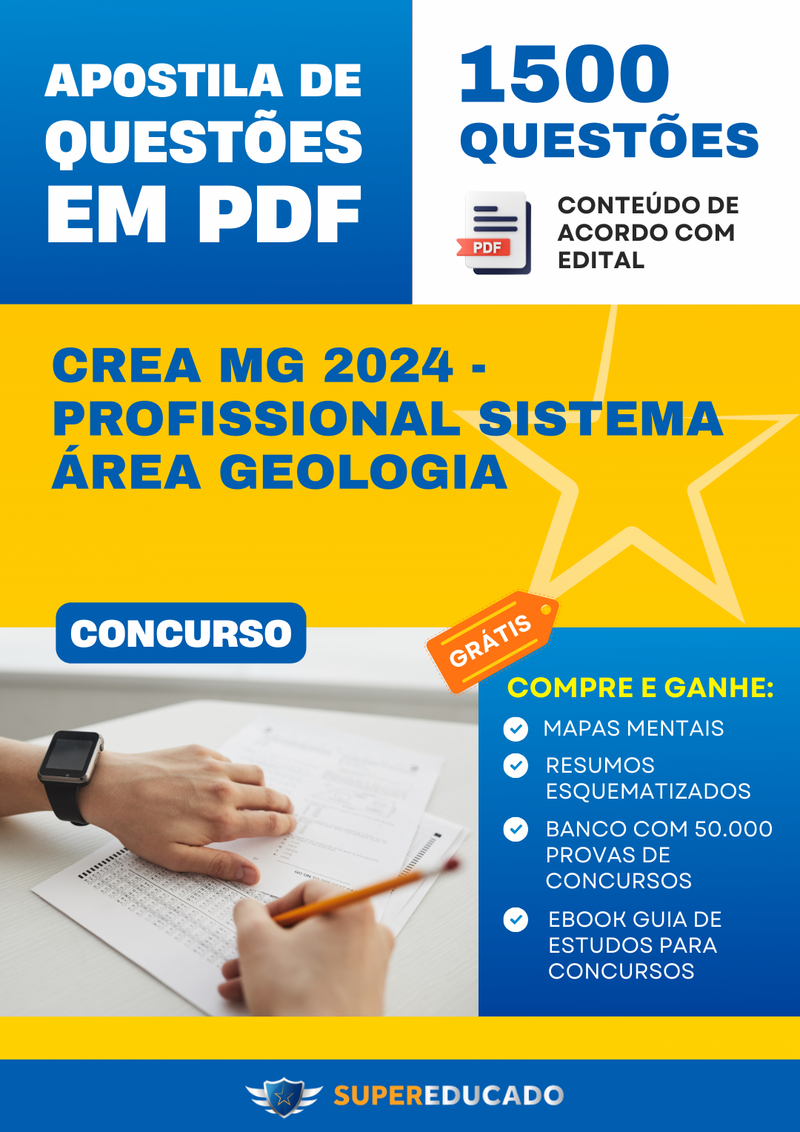 Apostila de Questões para Concurso CREA MG 2024 - Profissional Sistema Área Geologia - 1.500 Questões