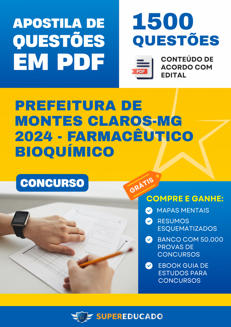 Apostila de Questões para Concurso da Prefeitura de Montes Claros-MG 2024 - Farmacêutico Bioquímico - 1.500 Questões