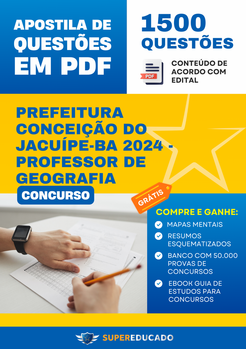 Apostila de Questões para Concurso da Prefeitura Conceição do Jacuípe-BA 2024 - Professor de Geografia - 1.500 Questões