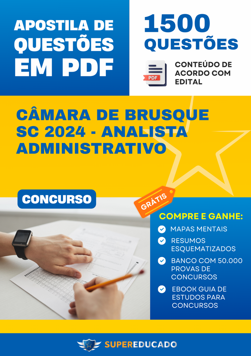 Apostila de Questões para Concurso da Câmara de Brusque SC 2024 - Analista Administrativo - 1.500 Questões