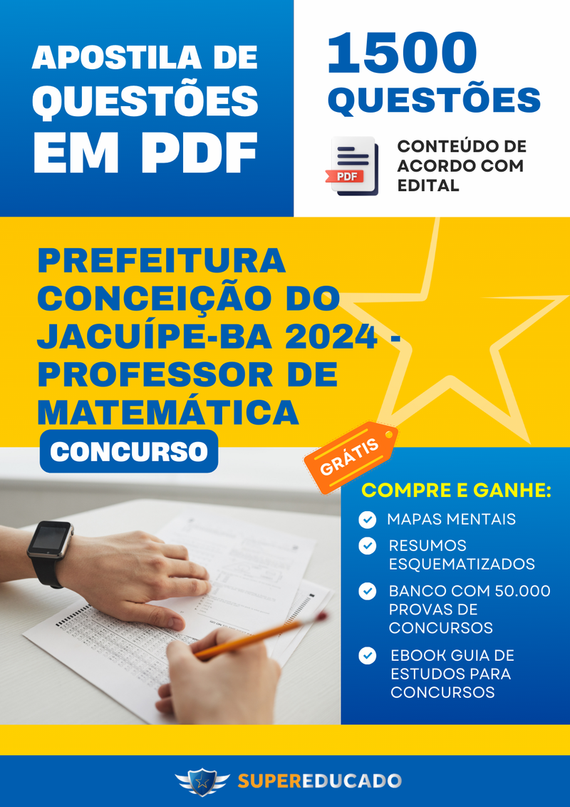 Apostila de Questões para Concurso da Prefeitura Conceição do Jacuípe-BA 2024 - Professor de Matemática - 1.500 Questões