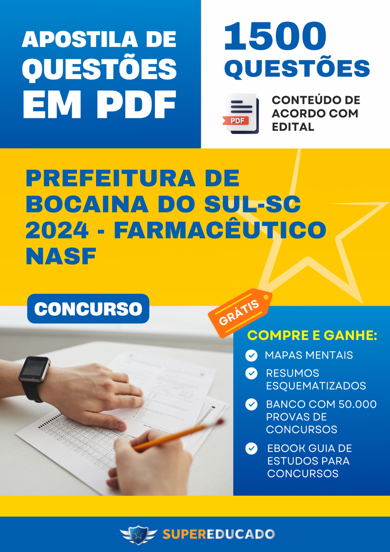 Apostila de Questões para Concurso da Prefeitura de Bocaina do Sul-SC 2024 - Farmacêutico NASF - 1.500 Questões
