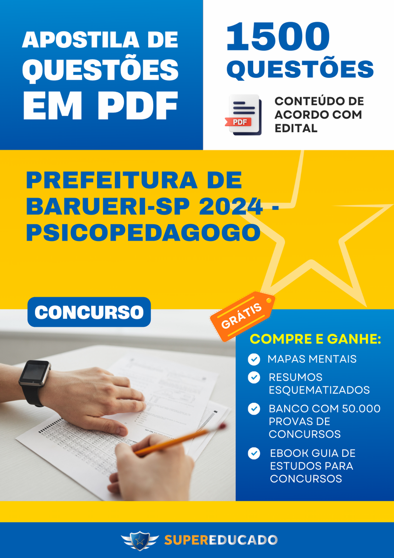 Apostila de Questões para Concurso da Prefeitura de Barueri-SP 2024 - Psicopedagogo - 1.500 Questões