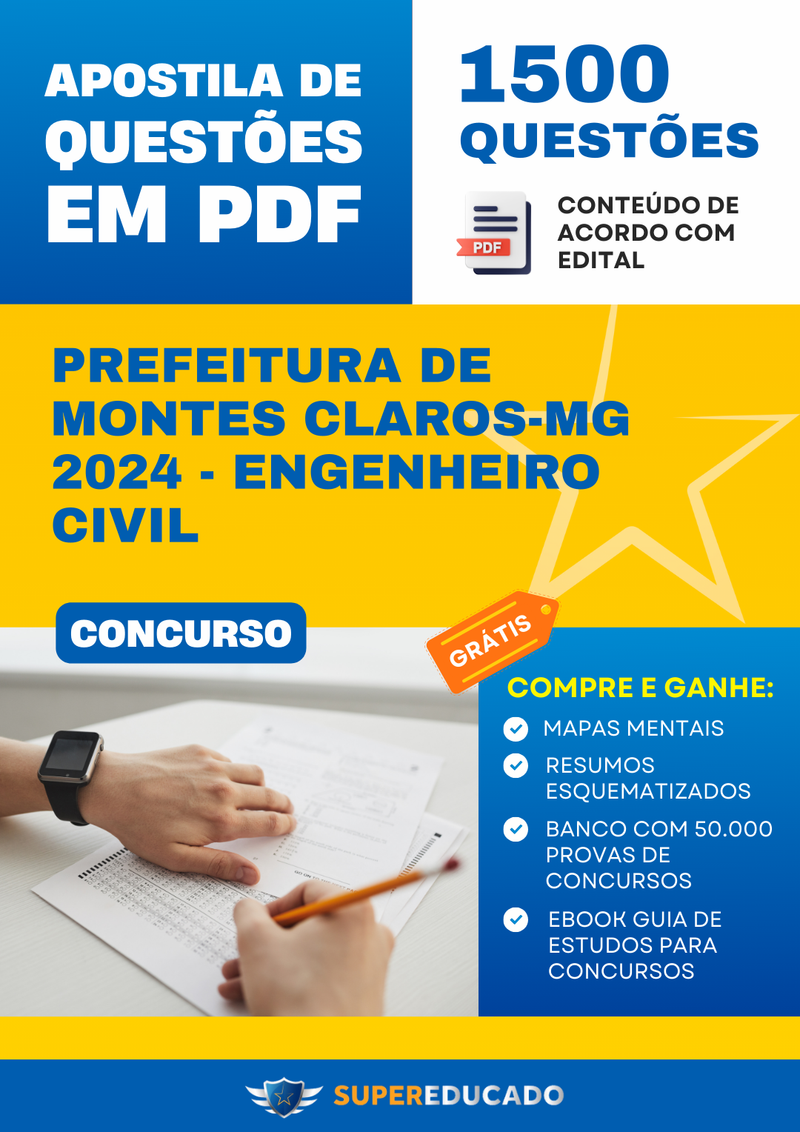 Apostila de Questões para Concurso da Prefeitura de Montes Claros-MG 2024 - Engenheiro Civil - 1.500 Questões