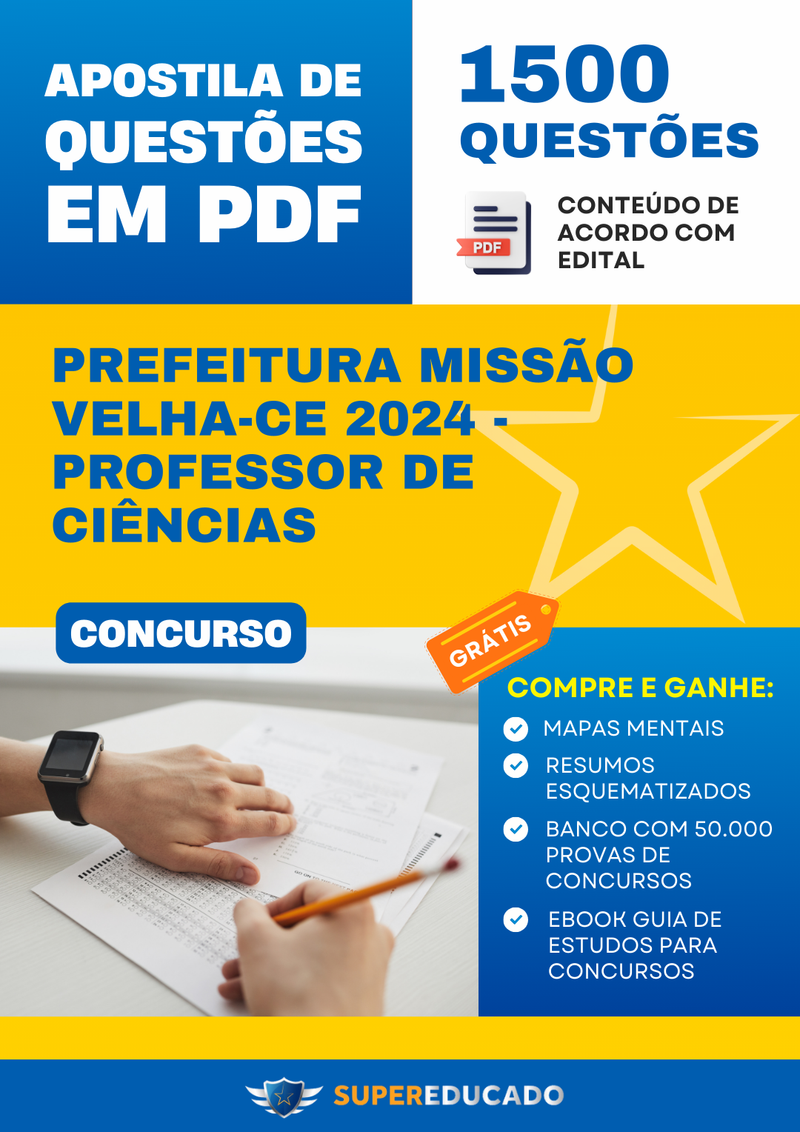 Apostila de Questões para Concurso da Prefeitura Missão Velha-CE 2024 - Professor de Ciências - 1.500 Questões