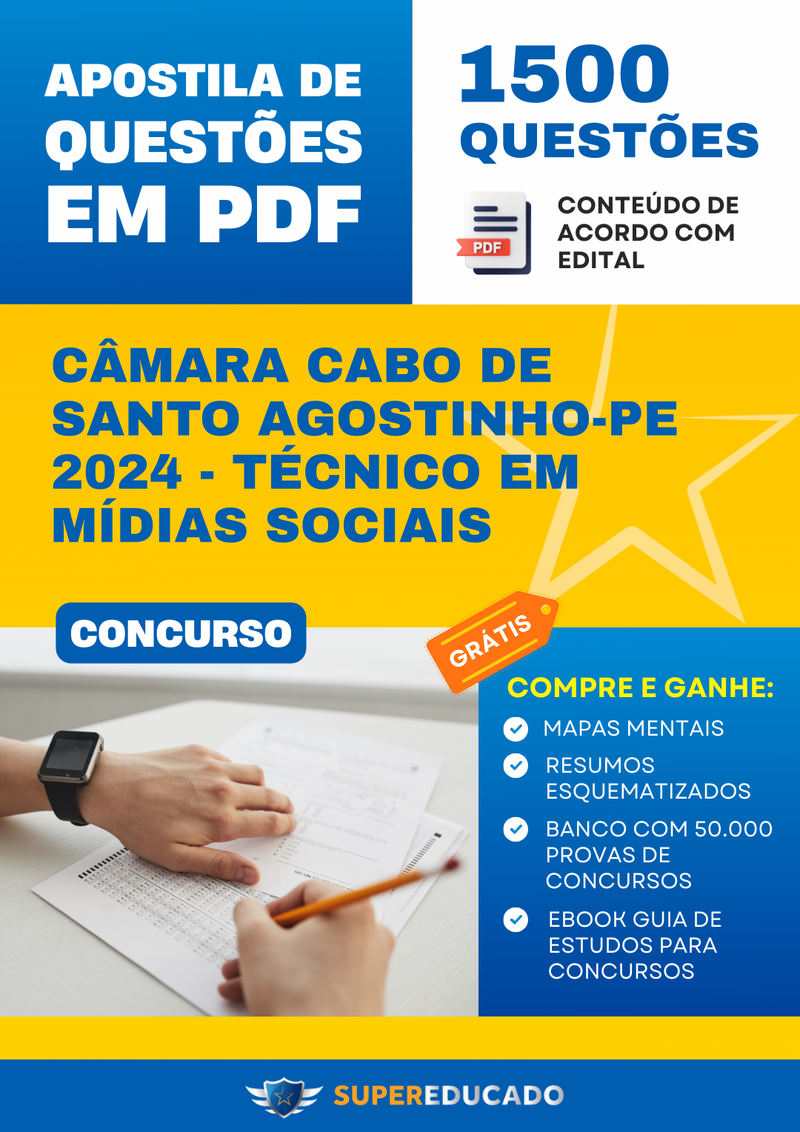 Apostila de Questões para Concurso da Câmara Cabo de Santo Agostinho-PE 2024 - Técnico em Mídias Sociais - 1.500 Questões