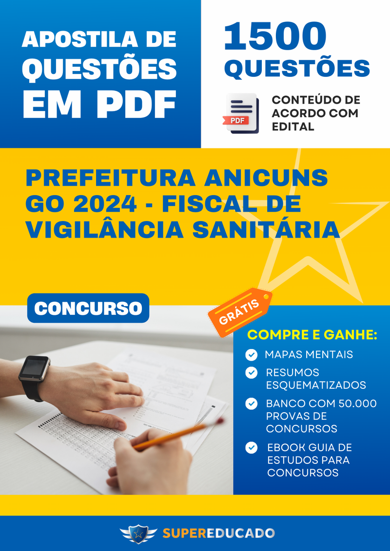Apostila de Questões para Concurso da Prefeitura Anicuns GO 2024 - Fiscal de Vigilância Sanitária - 1.500 Questões