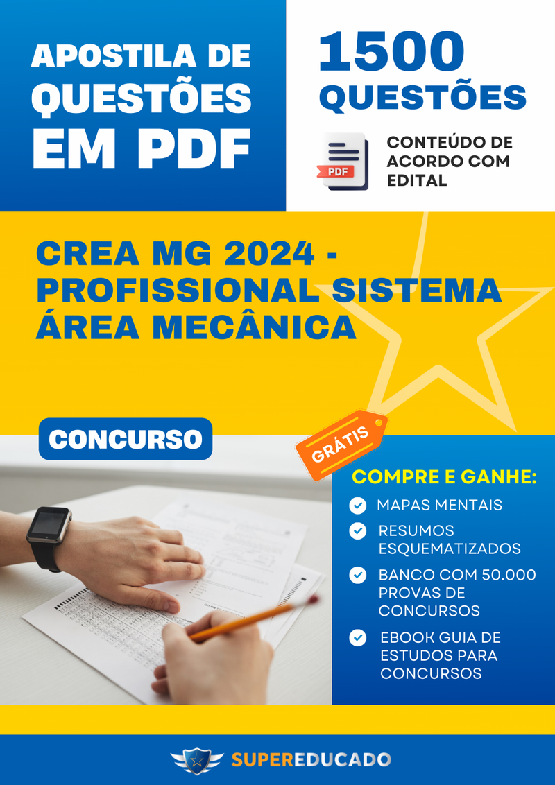 Apostila de Questões para Concurso CREA MG 2024 - Profissional Sistema Área Mecânica - 1.500 Questões