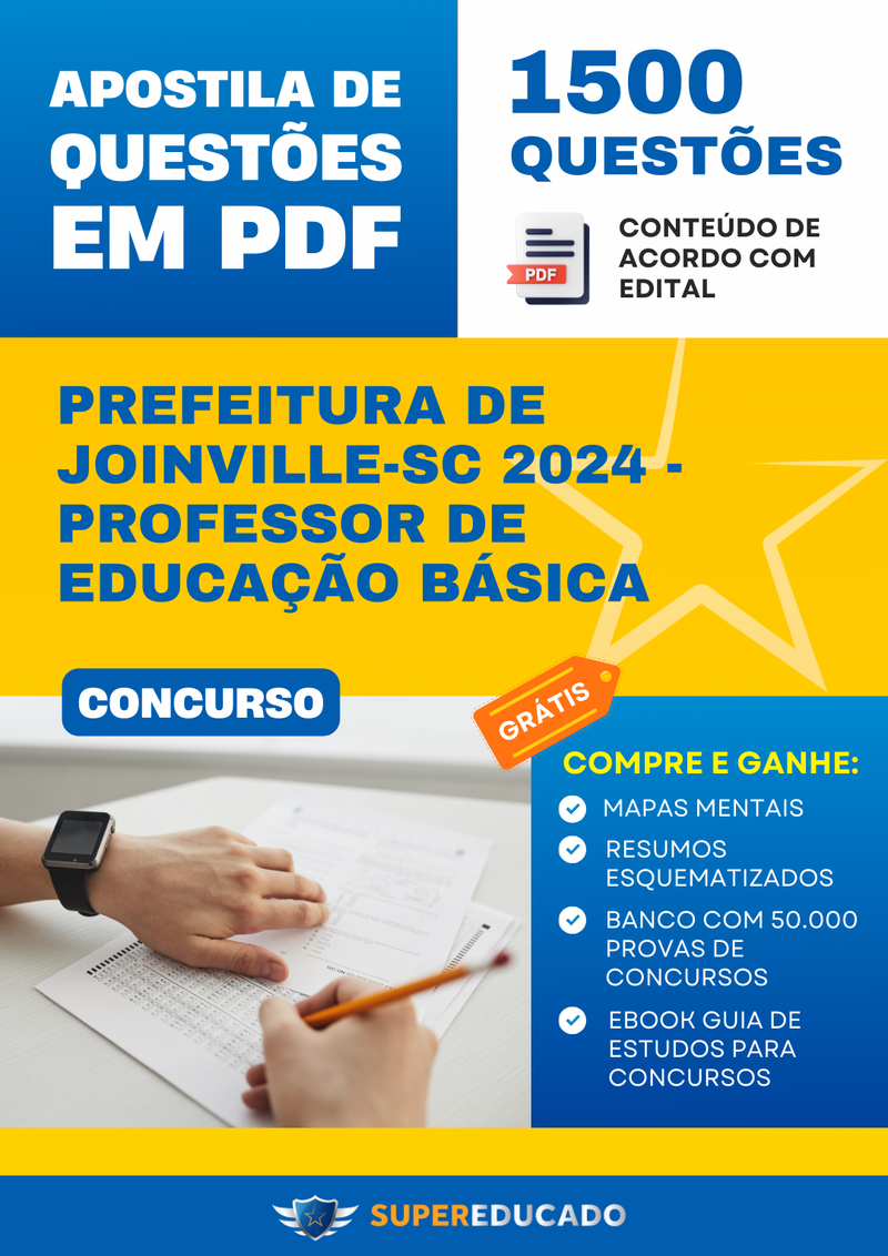 Apostila de Questões para Concurso da Prefeitura de Joinville-SC 2024 - Professor de Educação Básica - 1.500 Questões