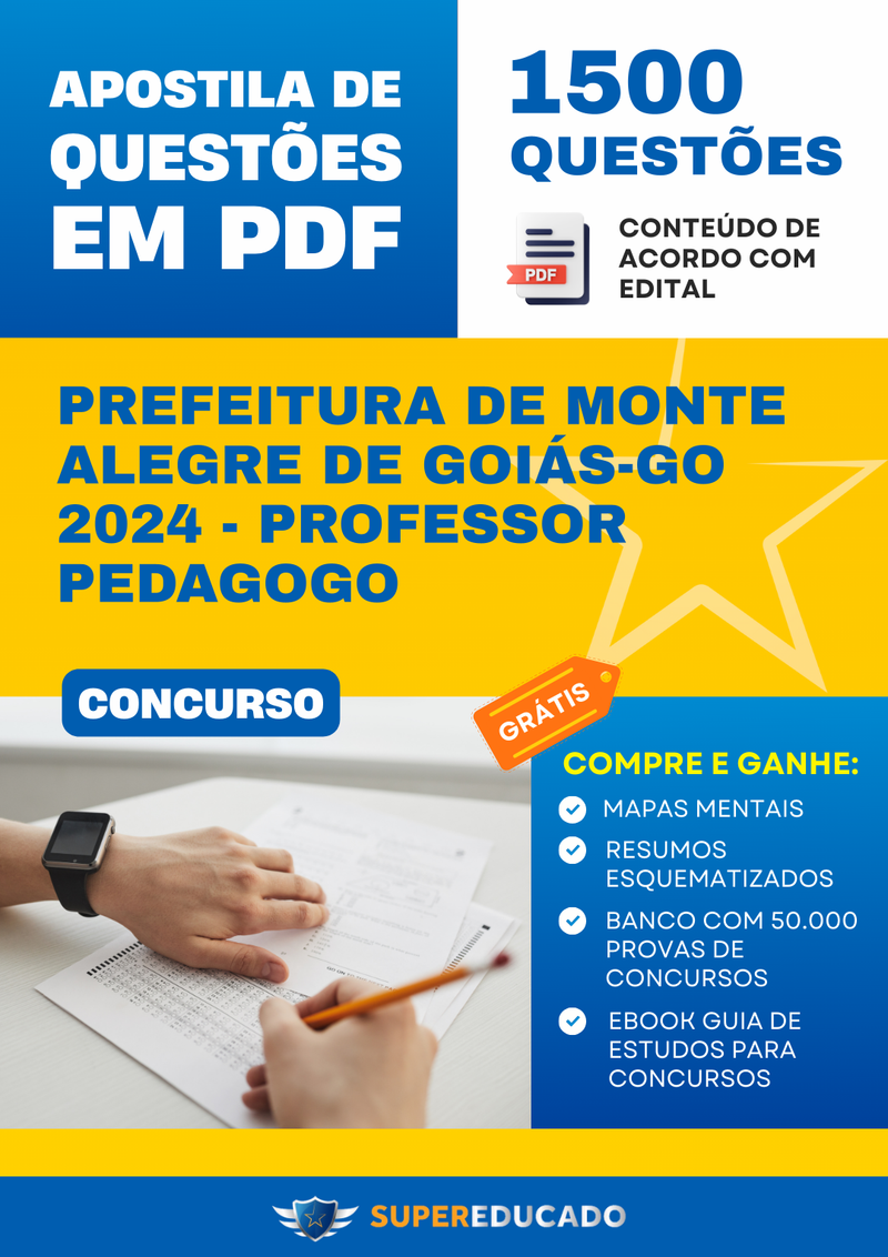 Apostila de Questões para Concurso da Prefeitura de Monte Alegre de Goiás-GO 2024 - Professor Pedagogo - 1.500 Questões