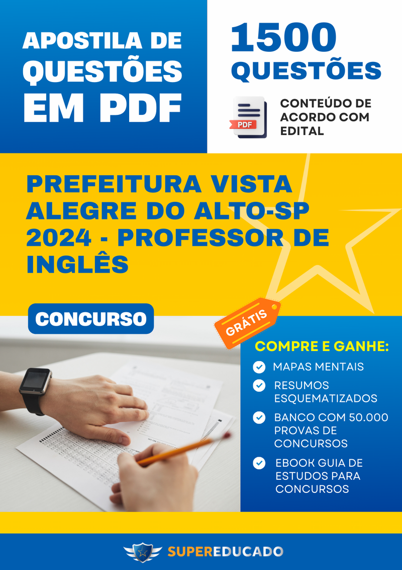 Apostila de Questões para Concurso da Prefeitura Vista Alegre do Alto-SP 2024 - Professor de Inglês - 1.500 Questões