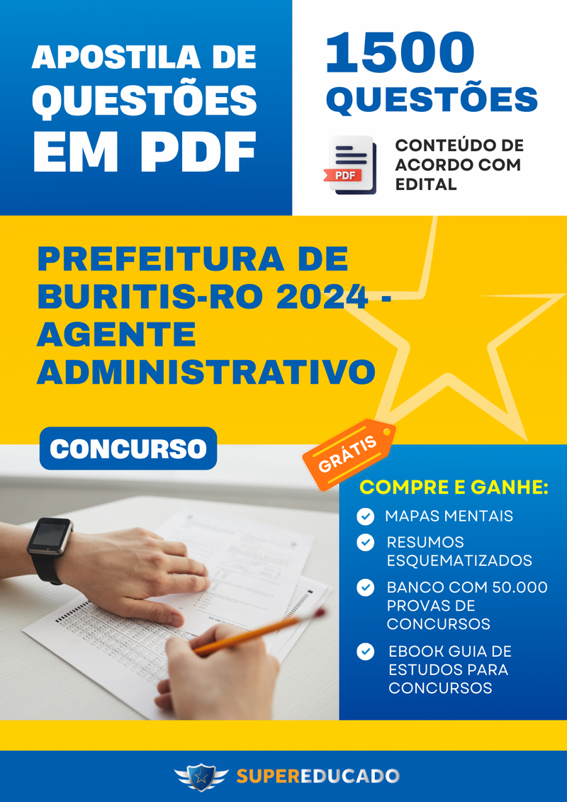 Apostila de Questões para Concurso da Prefeitura de Buritis-RO 2024 - Agente Administrativo - 1.500 Questões