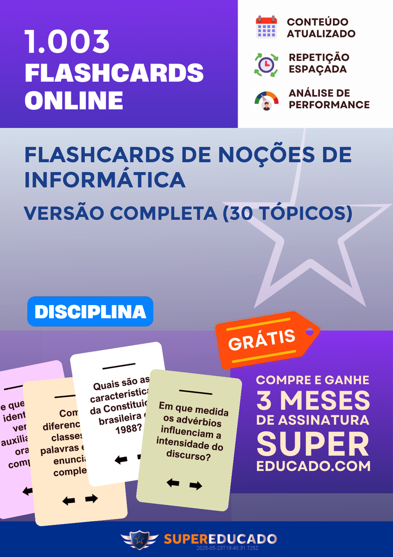 1.003 Flashcards de Noções de Informática - Versão Completa (30 Tópicos) - Acesso Online Imediato